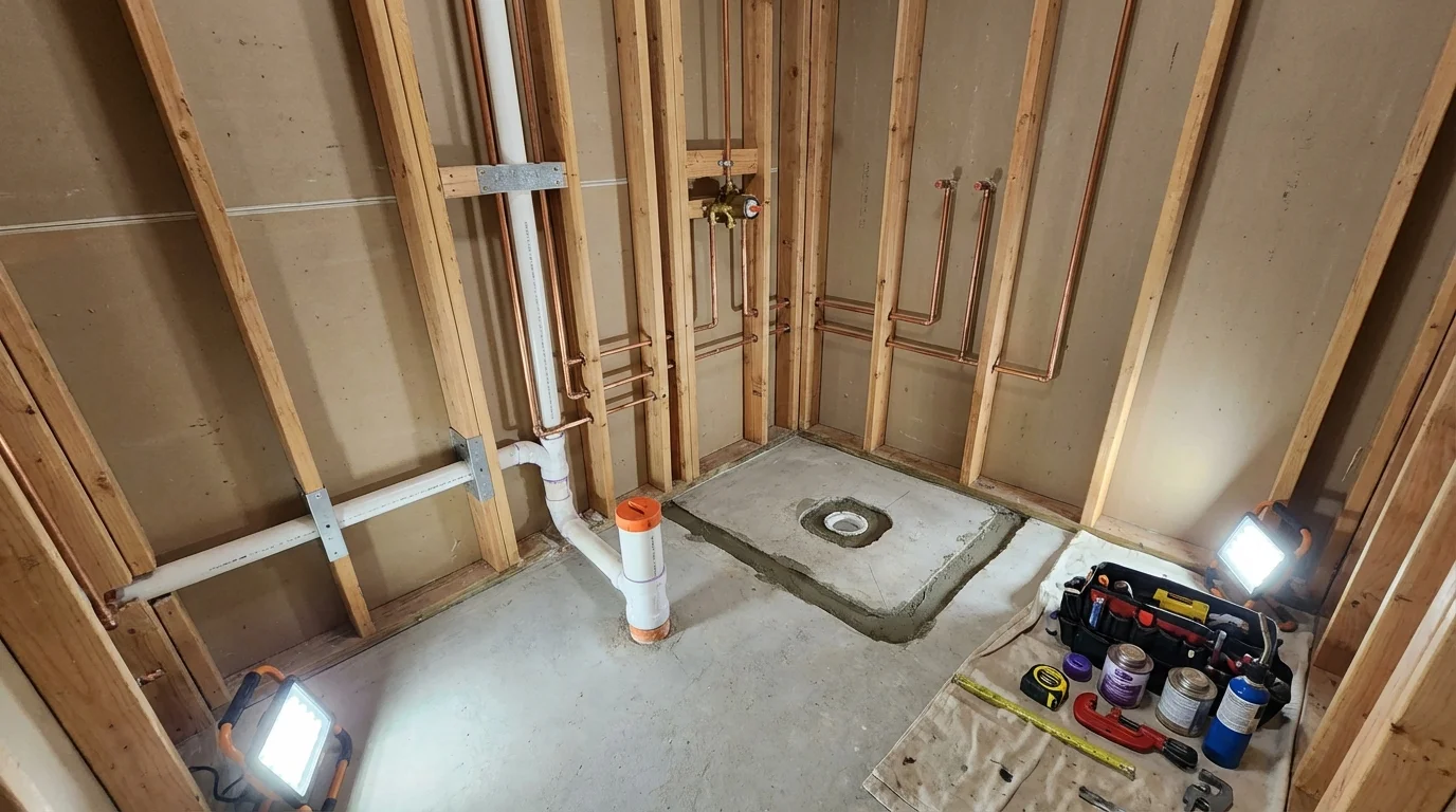 Bathroom rough-in plumbing during remodel by Johns Plumbing LLC in Ridgewood