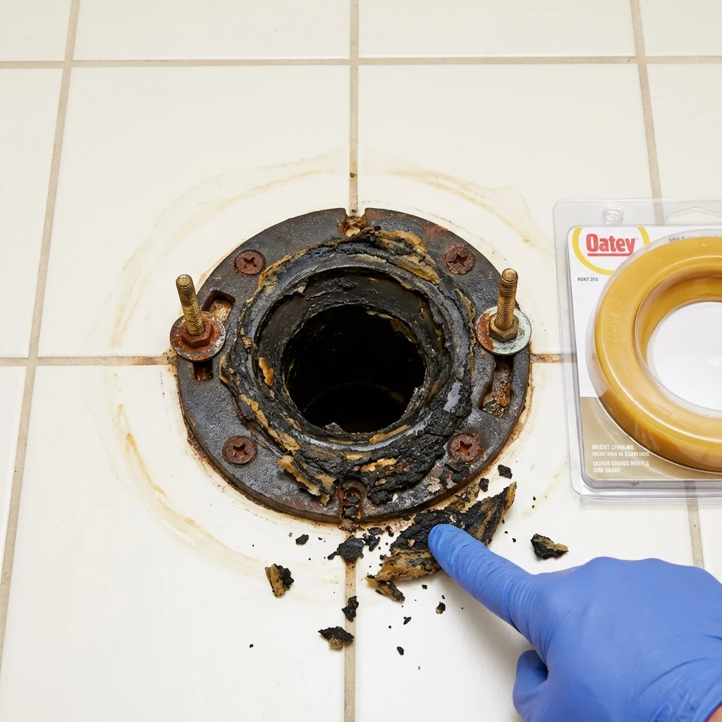 Failed wax ring showing water seepage at the base of a toilet in a Ridgewood, NY home